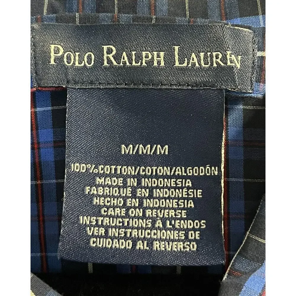 POLO RALPH LAUREN Mens Blue Plaid Long Sleeve Pajama Shirt Top Preppy Lounge Y2K
